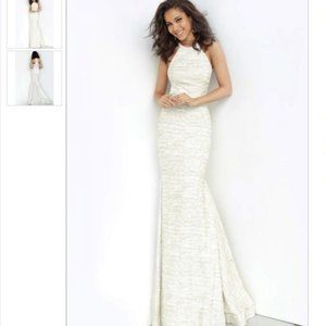 Jovani 00688 High Neck White & Gold Glitter Dress